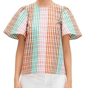 Kate Spade Rainbow Plaid Button Sleeve 100% Cotton Blouse